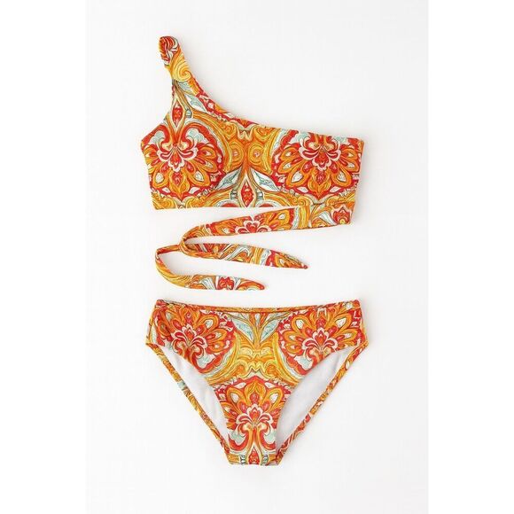Shein Orange Printed One-Shoulder Bikini Set | Size S | High-Waisted Swimwear - Picture 1 of 5